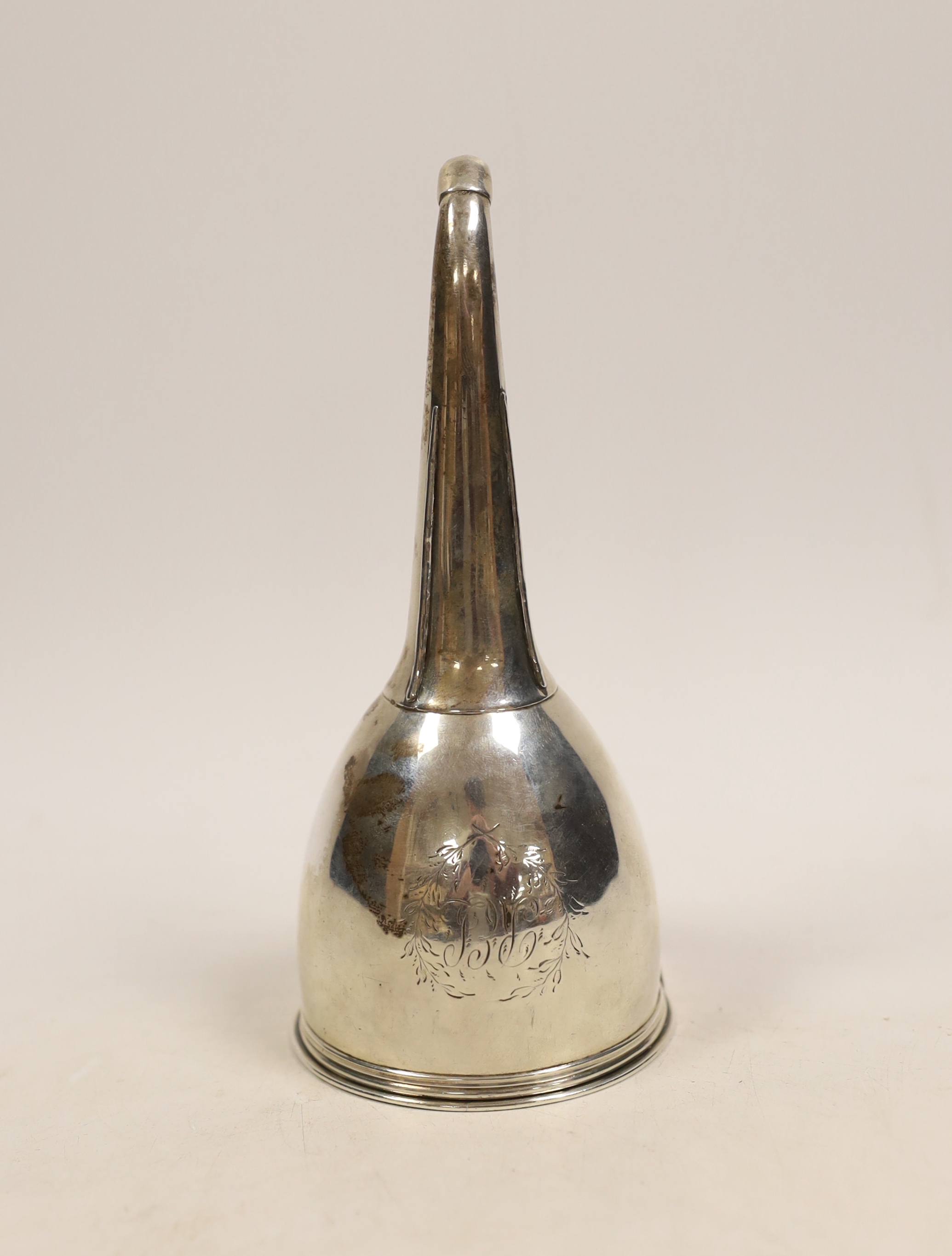 A George III silver wine funnel with muslin ring, Robert & Samuel Hennell, London, 1802, 16.5cm.